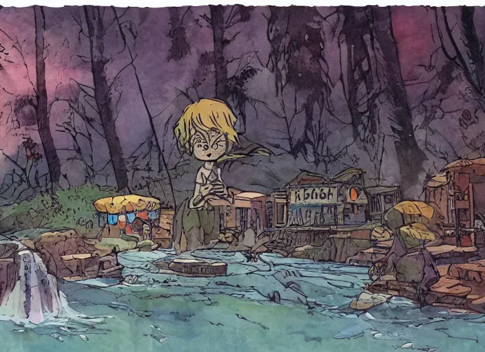 Image similar to First image from Bill Watterson's gorgeous hand-animated film Chagrin Falls, watercolor, cel-shading, 8k print