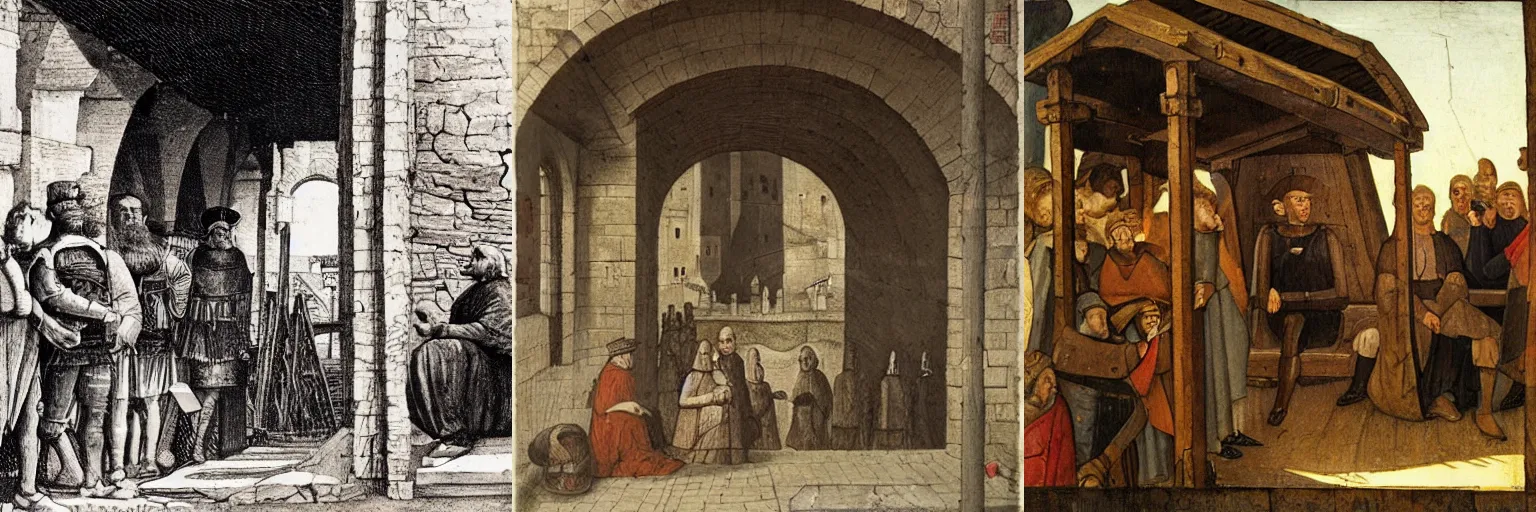 Prompt: giant sitting under a wooden passage in a medieval port, with people looking down to him