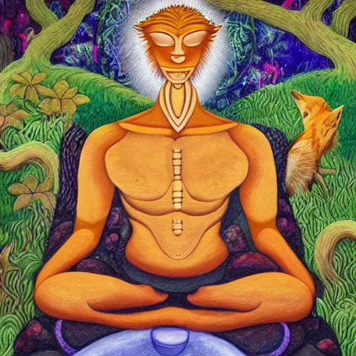 Image similar to an anthromorphic wolf man meditating in a zen garden, by amanda clark and amanda sage in a psychedelic style, oil on canvas