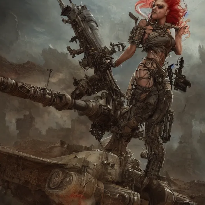 Image similar to beautiful apocalyptic woman with mohawk, standing on mad max panzer tank, hyper-detailed, smooth, sharp focus, 4k ultra hd, fantasy dark art, tank girl, artgerm, artstation, octane render, elegant, detailed digital painting, apocalyptic art, Peter mohrbacher, unreal engine, depth map