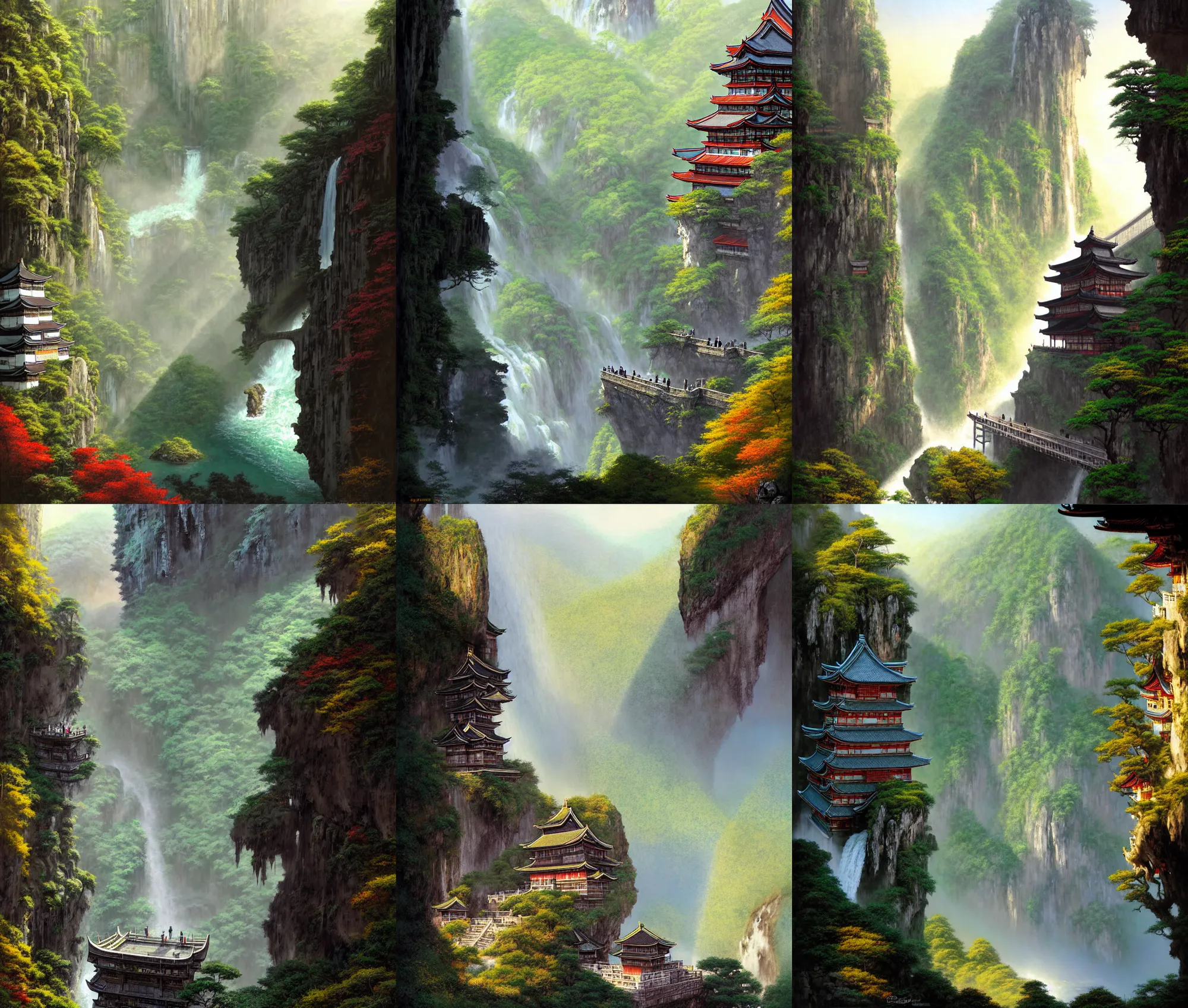 Image similar to establishing wide shot inside han son doong with waterfalls on either side of the cliff walls, at the top of the cliff is a japanese castle, a cloister is built into the cliff walls, an old suspension bridge spans the walls, sunny morning light, sunbeam, saturated colors, detailed digital concept art by greg rutkowski and gerald brom and james gurney