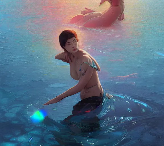 Prompt: harmony blue jacket, tiny rainbow triangles, black haired yoongi, above water, ripples, six pack, by wlop, james jean, victo ngai, muted colors, highly detailed, fantasy art by craig mullins, thomas kinkade