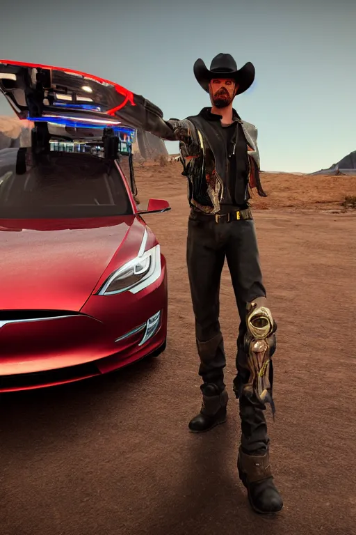Image similar to cyberpunk cowboy with his tesla in the Mojave desert, high definition, many details, dramatic scene, detailed and realistic hands, symmetrical face, realistic eyes, art of unreal engine 5