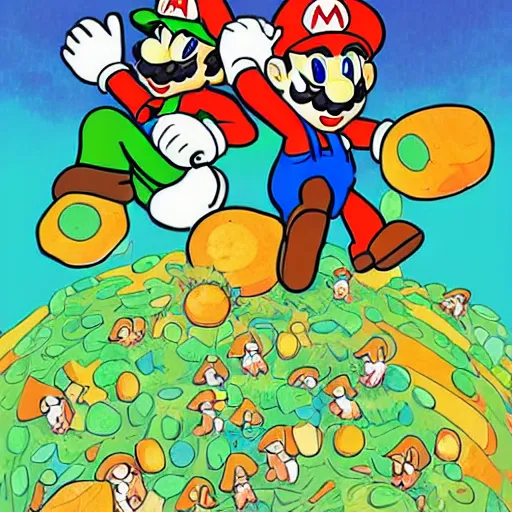 Prompt: mario and luigi super high on mushrooms by josan gonzales