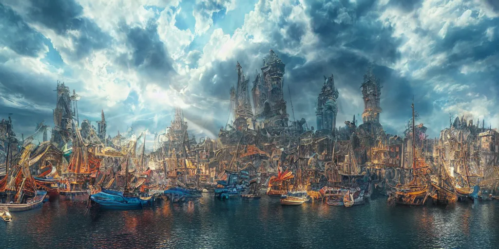 Image similar to beautiful seventeenth century harbour city, vivid colors, gorgeous clouds, god rays, digital art, landscape, fantasy art, octane render, ureal engine, high detail, very realistic, by giger