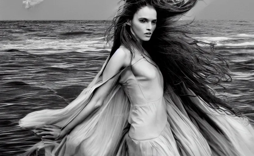 Image similar to an editorial in Vogue of a female model riding a hore along a beautiful beach, long hair and floating dress in the wind, by Peter Lindberg, etheral, dramatic, 8k, ultra detailed digital art