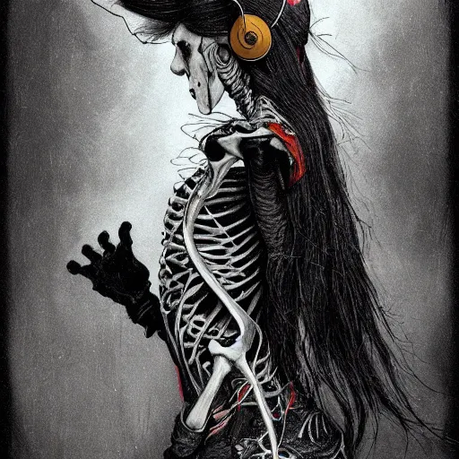 Image similar to skeleton wearing headphones, watching girl playing guitar while her black cat standing next to her, detailed intricate ink illustration, dark atmosphere, detailed illustration, hd, 4k, digital art, overdetailed art, by greg rutkowski, by loish, complementing colors, Trending on artstation