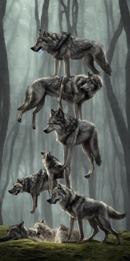 Prompt: a bunch of wolves stacked on top of each other, gloomy forest, zaba style, cinematic, sunbeams, detailed, hq, trending on artstation, dramatic lighting