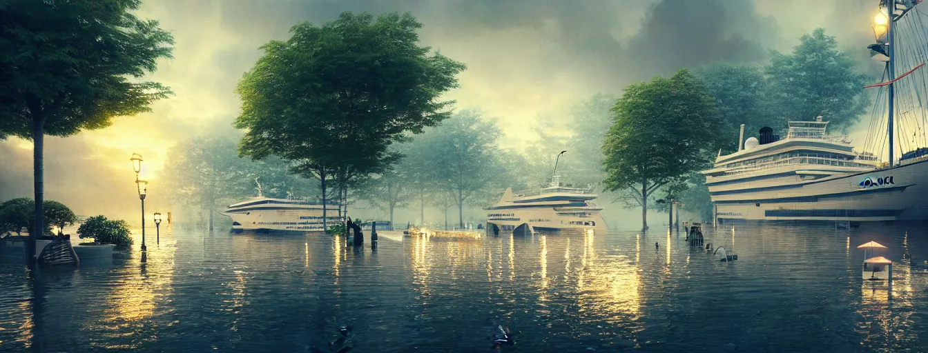 Prompt: cruising ship sailing at raining night at flooded miniature city, sun is on the rise on the town, cute style garden, octane render, trees, evergreen, patio, garden, wet atmosphere, tender, soft light misty yoshitaka amano, and artgerm