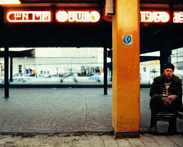 Image similar to a lomographic photo of russian lone man sitting in bus station at early evening in small town, cinestill, bokeh