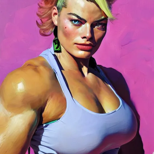 Prompt: greg manchess portrait of margot robbie as thick very muscular weightlifter zarya from overwatch with ponytail and curly pink hair, medium shot, asymmetrical, profile picture, organic painting, sunny day, matte painting, bold shapes, hard edges, street art, trending on artstation, by huang guangjian and gil elvgren and sachin teng