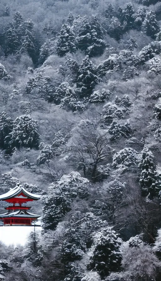 Prompt: a shinto shrine atop a mountain,snowy,beautiful,nature,distant shot,isometric