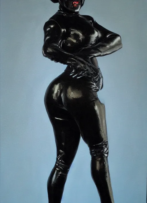 Image similar to oil painting of female monster full figure made out of black latex, full body armor, horror