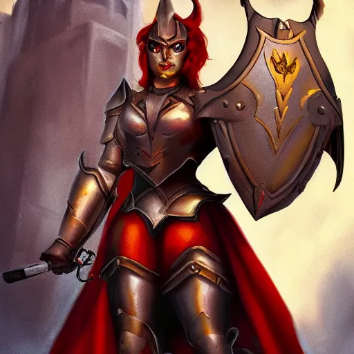 Image similar to disney's gargoyles!!!! female!! warrior! flaming sword ( devilish smile ) ( ( plate armor ) ) ( ( ( shield ) ) ), fantasy painting, concept art, 4 k