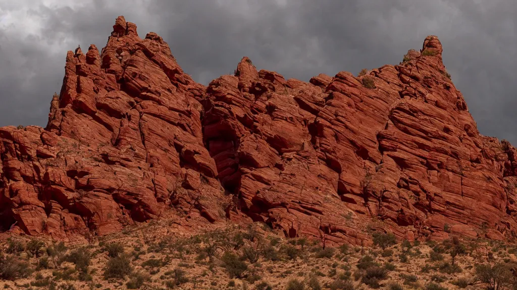 Image similar to an atmospheric film still by Christopher Nolan with a huge towering dark gothic cathedral carved out of rock at the top of a red rock canyon