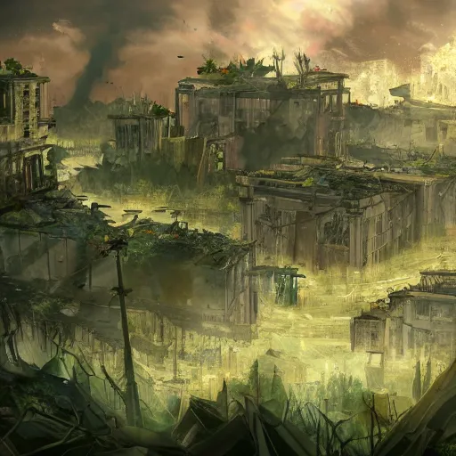 Image similar to Destroyed city, overgrown vegetation, surviving humans, blazing sky, game concept art, high detail