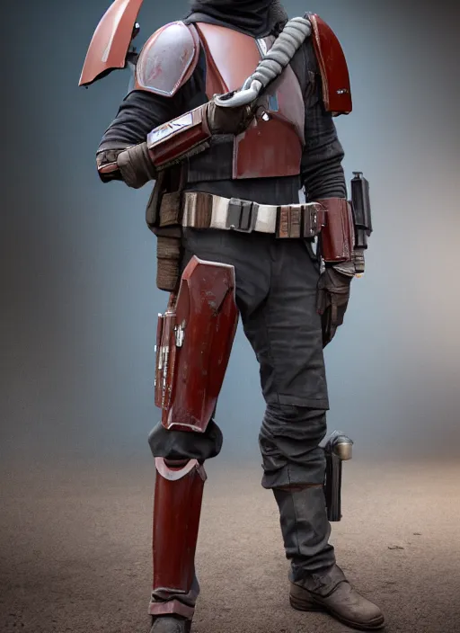 Image similar to a photorealistic dramatic hyperrealistic render of the mandalorian bounty hunter, ultra realistic details, well worn, rust, oil stains by photographer lindsay adler, beautiful dramatic dark moody tones and lighting, cinematic atmosphere, studio lighting, global illumination, shadows, dark background, octane render, 8 k