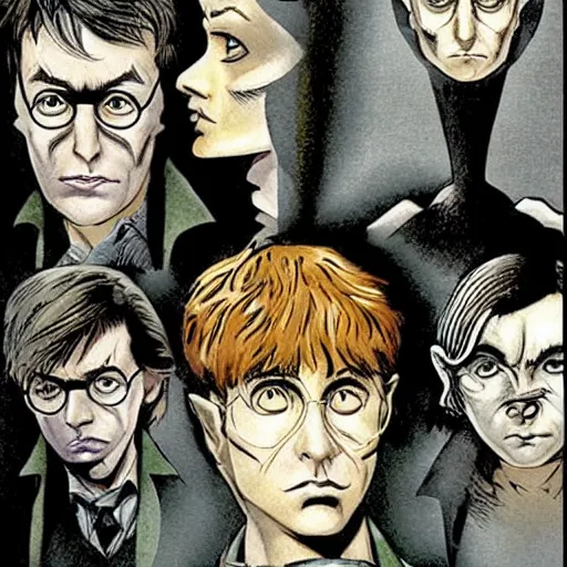 Prompt: in one frame Harry Potter with Sandman in The Sandman comic, symmetrical faces, beautiful faces, by Neil Gaiman, by Dave McKean, comics Sandman, small details, clear faces, high detail