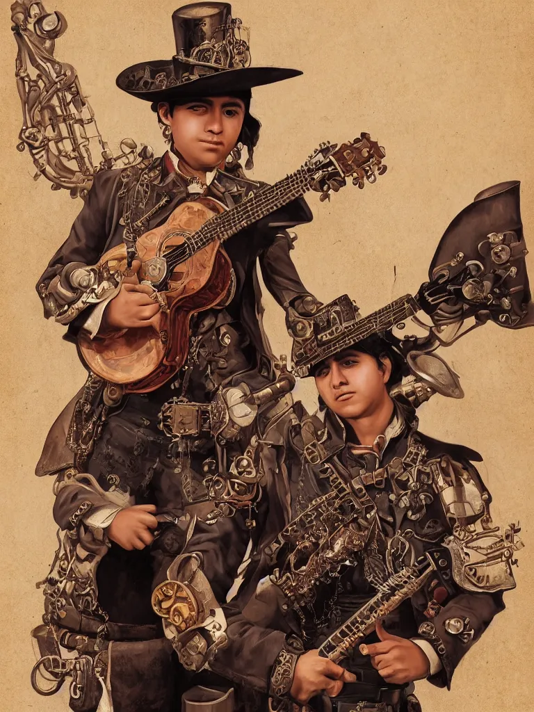 Prompt: Portrait of a Steampunk Young Mariachi Musician in Zacatecas, by Manuel Sanjulian and Tom Baghsaw, artstation 🇲🇽