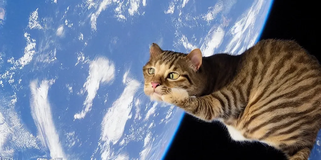 Prompt: an amazing award winning photo of a cat floating in the ISS, hyperdetailed