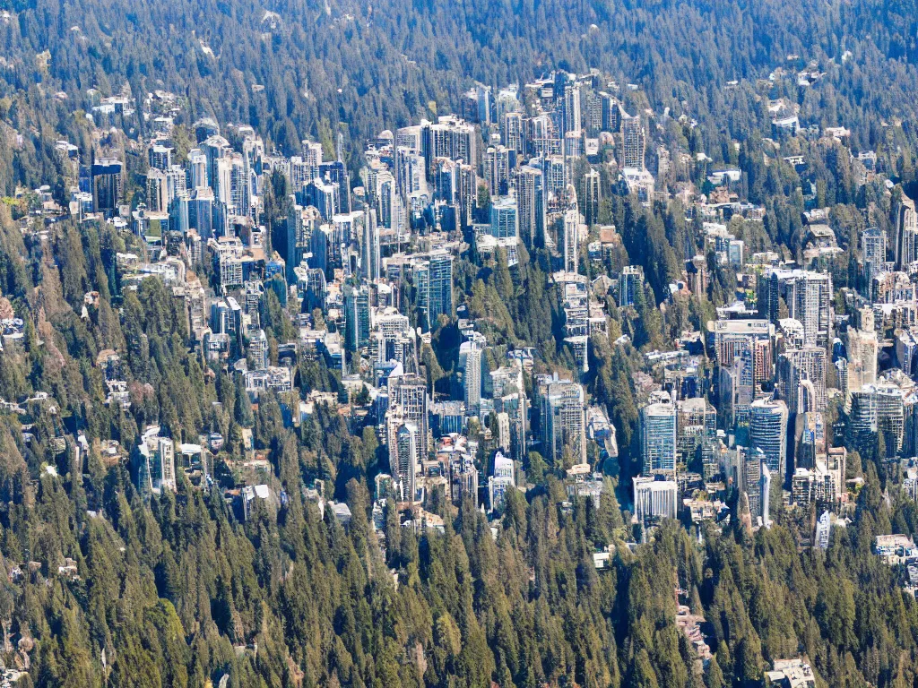 Prompt: bird's eye view photo of a metropolis highrise city, redwood forest to the south