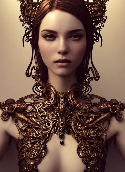 Prompt: a portrait of female in wearable sculpture art, ornate, metal works, intricate details, elegant, highly detailed, digital photography, artstation, glamor pose, concept art, smooth, sharp focus, art by artgerm and greg rutkowski, 3 d character, whole body, full body, film, photorealistic, unreal engine