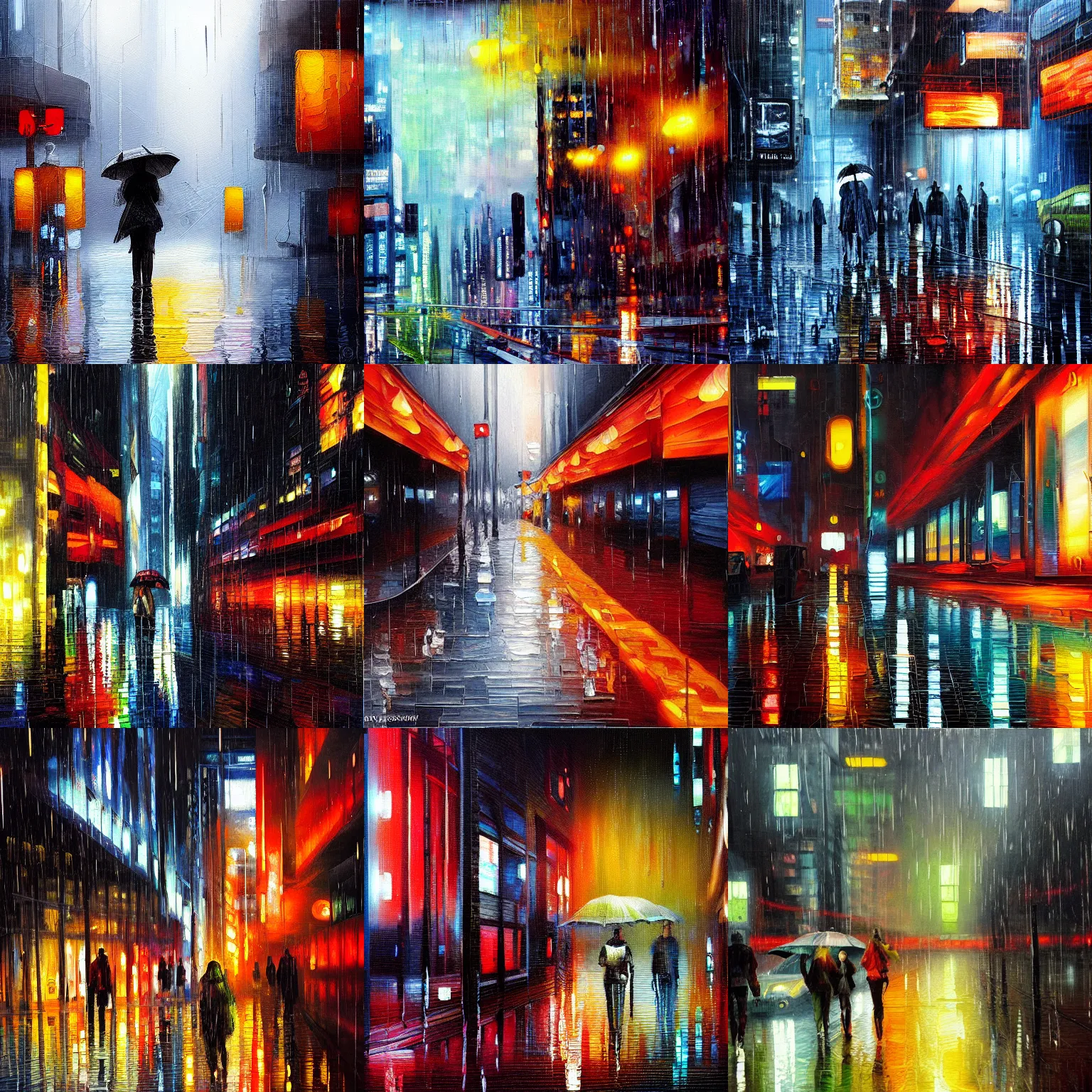 Prompt: rain like a dream, oil painting, cyberpunk