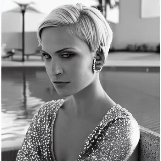 Image similar to a portrait of a beautiful woman with short blond hair, look like model, wearing diamond earrings and necklace and rings, sitting in the pool, skinny, evening, los angeles landscape on background, 1 9 7 0 film photography