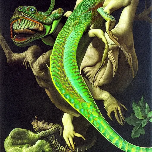 Prompt: majestic painting of a green basilisk by Michelangelo Merisi da Caravaggio