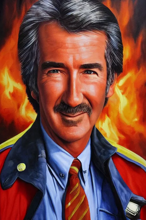 Prompt: photo realistic painting of randy mantooth as a fire fighter, vivid colours, highly detailed, dramatic lighting, exotropia eyes