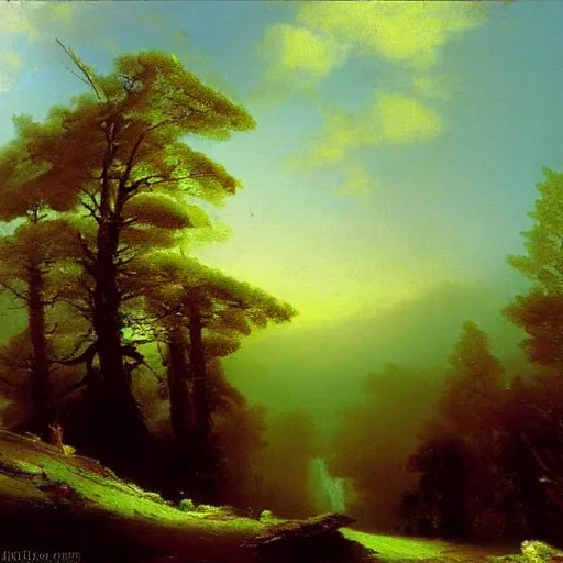 Image similar to aivazovsky's painting. forest landscape. oil on canvas, a masterpiece in the style of aivazovsky.