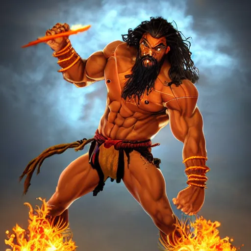 Image similar to jason momoa as dhalsim street fighter, breathing fire, ultra realistic, concept art, intricate details, highly detailed, photorealistic, octane render, 8 k, unreal engine, art by frank frazetta, simon bisley, brom