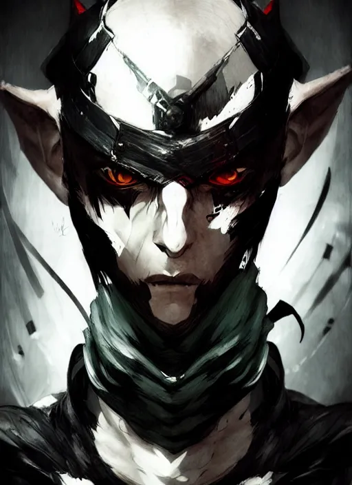 Image similar to Half body portrait of a menacing shinobi elf in scary mask In style of Yoji Shinkawa and Hyung-tae Kim, trending on ArtStation, dark fantasy, great composition, concept art, highly detailed, dynamic pose.