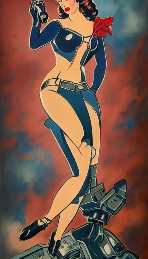 Prompt: full body cyberpunk beautiful woman in the style of a 1 9 4 0 s oil painted pin - up, on a gundam