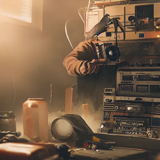 Prompt: augmented human repairing 1 9 8 0 s cassette deck, dark messy smoke - filled cluttered workshop, sparks, dark, dramatic lighting, orange tint, cinematic, highly detailed, sci - fi, futuristic, movie still from blade runner