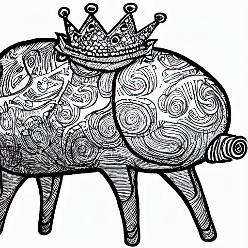 Image similar to detailed line art doodle sketches of a pig wearing a gold crown by Dr. Seuss