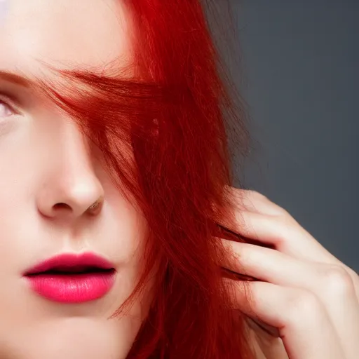 Image similar to a beautiful woman with red hair, close - up photography, studio lighting