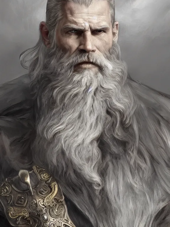 Image similar to painted portrait of rugged odin, god of war, norse god, white hair, masculine, mature, handsome, upper body, grey and silver, muscular, hairy torso, fantasy, intricate, muscular, elegant, highly detailed, digital painting, artstation, concept art, smooth, sharp focus, illustration, art by gaston bussiere and alphonse mucha