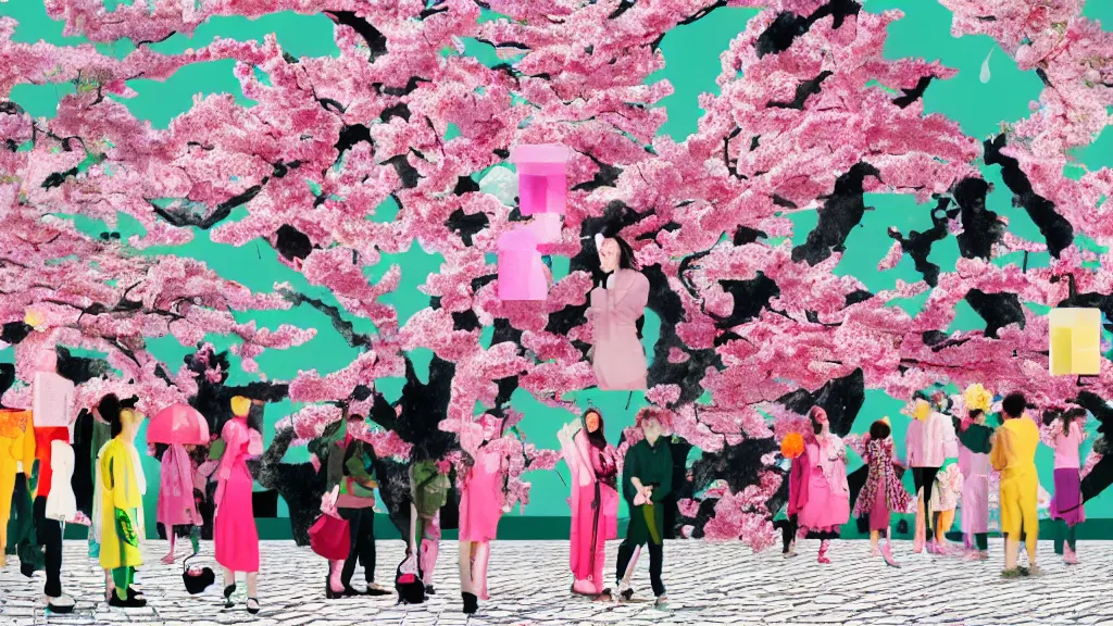 Image similar to a group of people flower viewing sakura, japan, a collage painting, in the style of wes anderson, lola dupre, david hockney, isolated on negative white space background dark monochrome neon fluorescent spraypaint accents volumetric octane render