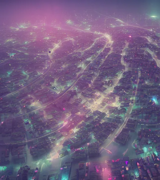 Image similar to surreal synapse town, aerial iridecent veins, moonbow, foggy, dark starry night, octane render, unreal engine, pale colors, high detail, 8 k, wide angle, trending on artstation, behance