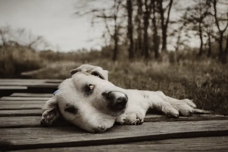 Image similar to old dog lying on a wooden dusty boardwalk