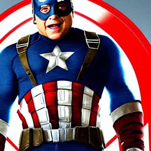 Prompt: movie poster of Danny Devito as Captain America in the Avengers