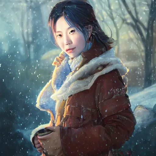 Image similar to the portrait a beautiful grocery young asia woman in down jacket, with a goosethe background is dust earth road ， river winter an snow, illustration by wenjun lin, irakli nadar, bright colors, octopath traveler, wenjun lin, unreal engine 5 highly rendered, global illumination, radiant light, detailed and intricate environment