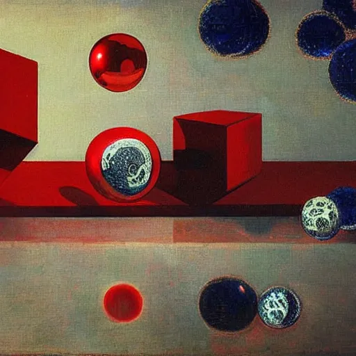 Prompt: chrome spheres on a red cube by viktor vasnetsov