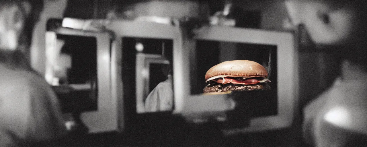 Prompt: a sentient hamburger staring at himself in the mirror canon 5 0 mm, cinematic lighting, photography, retro, film, kodachrome, closeup