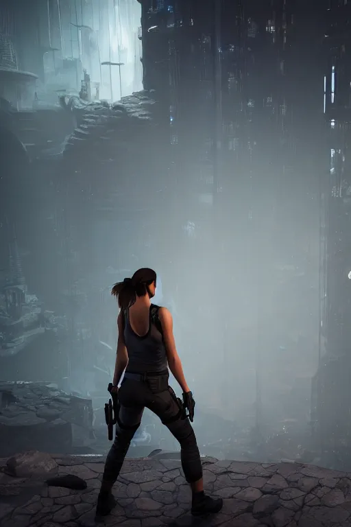 Prompt: Lara Croft inside Dreamfall Chapters cyberpunk city, photorealism, full body, white ambient background, unreal engine 5, hyperrealistic, highly detailed, XF IQ4, 150MP, 50mm, F1.4, ISO 200, 1/160s, natural light, Adobe Lightroom, photolab, Affinity Photo, PhotoDirector 365, realistic