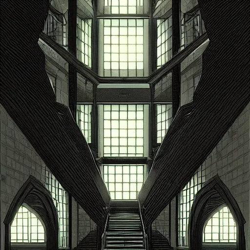 Prompt: a dark hallway with many doors and many stairs, Mc Escher architecture, epic composition, by Makoto Shinkai