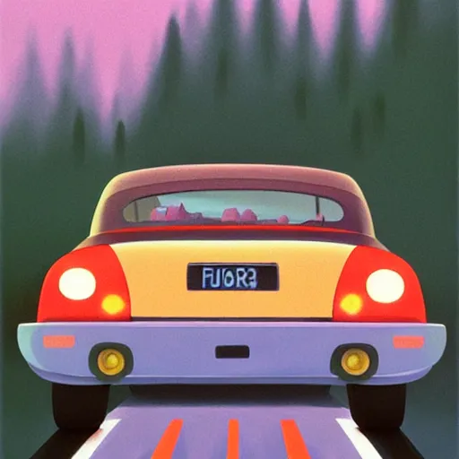 Image similar to goro fujita ilustration rear view of a car equipped with suitcases heading to the forest at sunset, painting by goro fujita, sharp focus, highly detailed, artstation