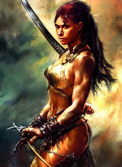 Prompt: hyper realistic warrior girl with sword in her hand, full body, rule of thirds, human proportion, good anatomy, beautiful face, conceptart, saturated colors, cinematic, vallejo, frazetta, royo, rowena morrill, cinematic