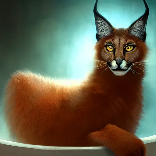 Prompt: fluffy cute caracal in a bathtub, fullbody, ultra high detailed, glowing lights, oil painting, Greg Rutkowski, Charlie Bowater, Beeple, unreal 5, DAZ, hyperrealistic, octane render, RPG portrait, dynamic lighting, fantasy art, beautiful face